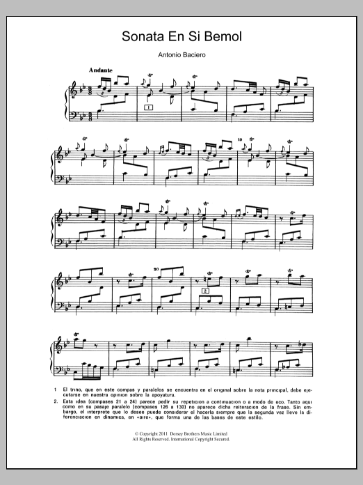 Antonio Baciero Sonata En Si Bemol sheet music notes and chords arranged for Piano Solo