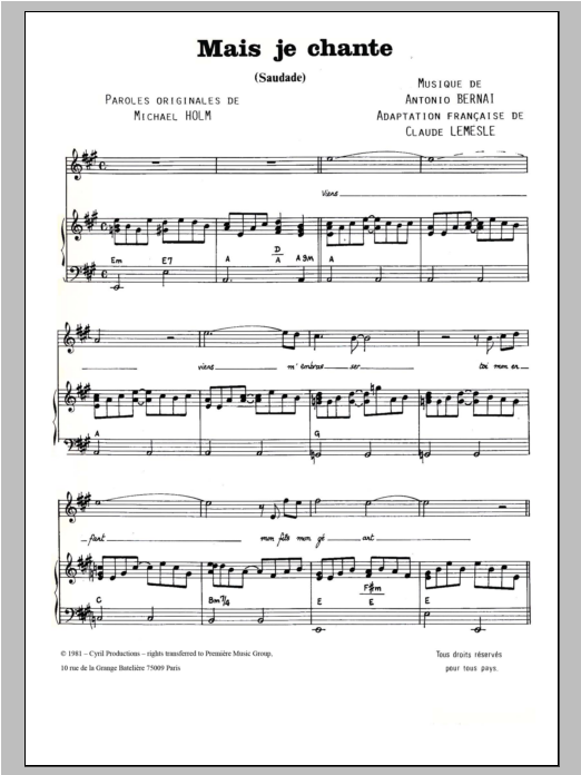 Antonio Bernai Mais Je Chante (Saudade) sheet music notes and chords arranged for Piano & Vocal