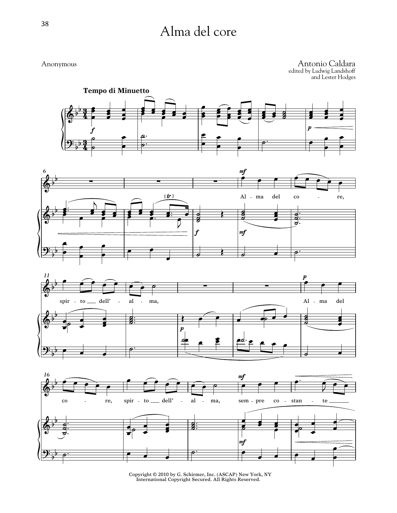 Antonio Caldara Alma Del Core (High Voice) sheet music notes and chords arranged for Piano & Vocal