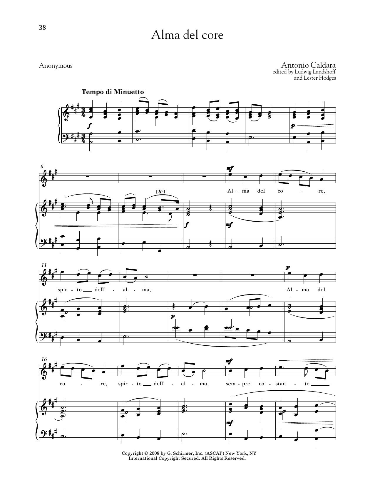 Antonio Caldara Alma Del Core (Medium High Voice) sheet music notes and chords arranged for Piano & Vocal
