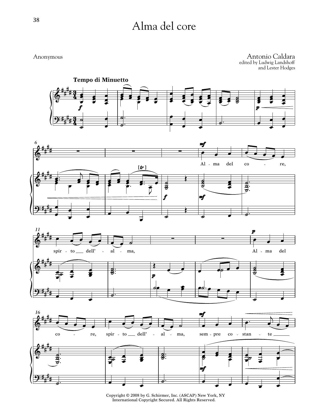 Antonio Caldara Alma Del Core (Medium Low Voice) sheet music notes and chords arranged for Piano & Vocal