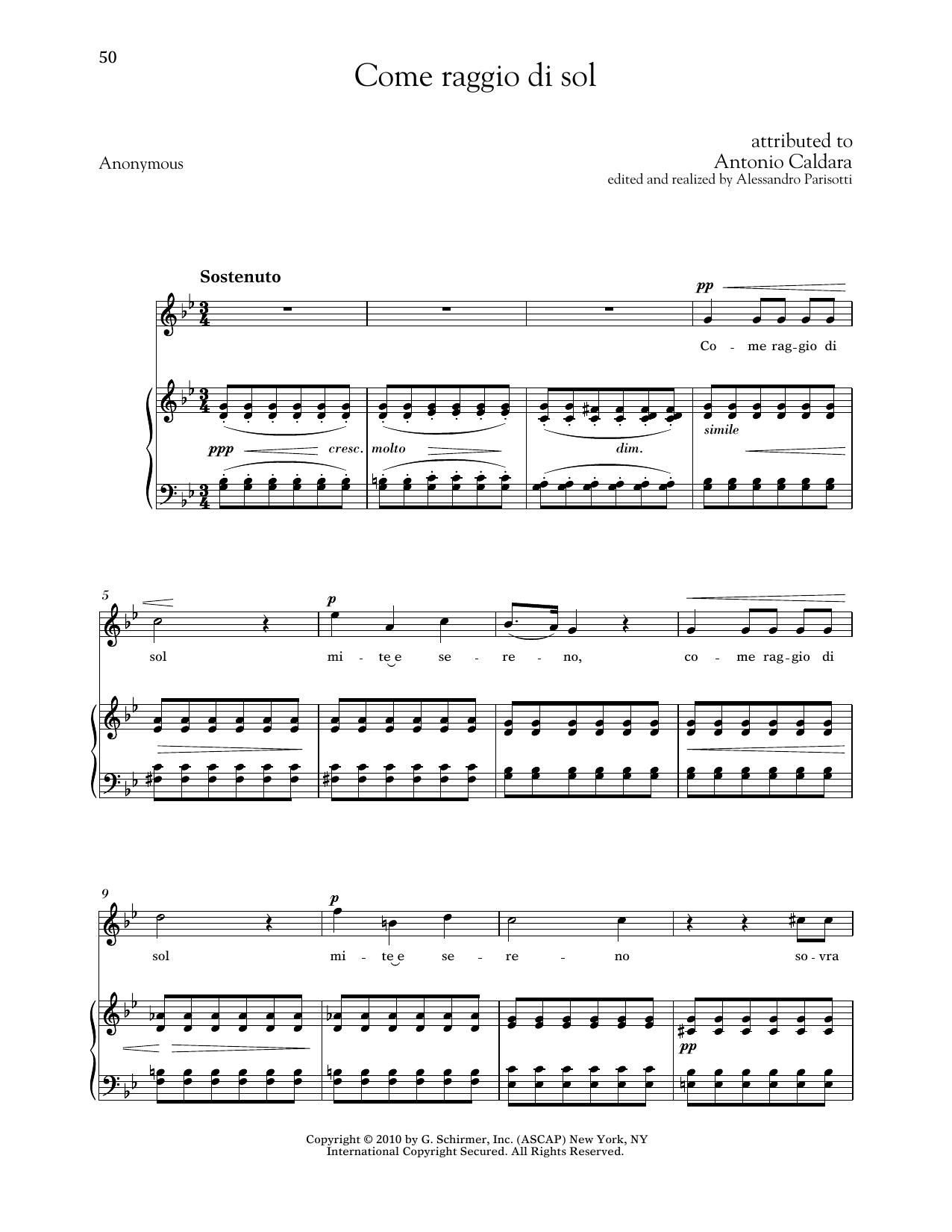 Antonio Caldara Come Raggio Di Sol (High Voice) sheet music notes and chords arranged for Piano & Vocal