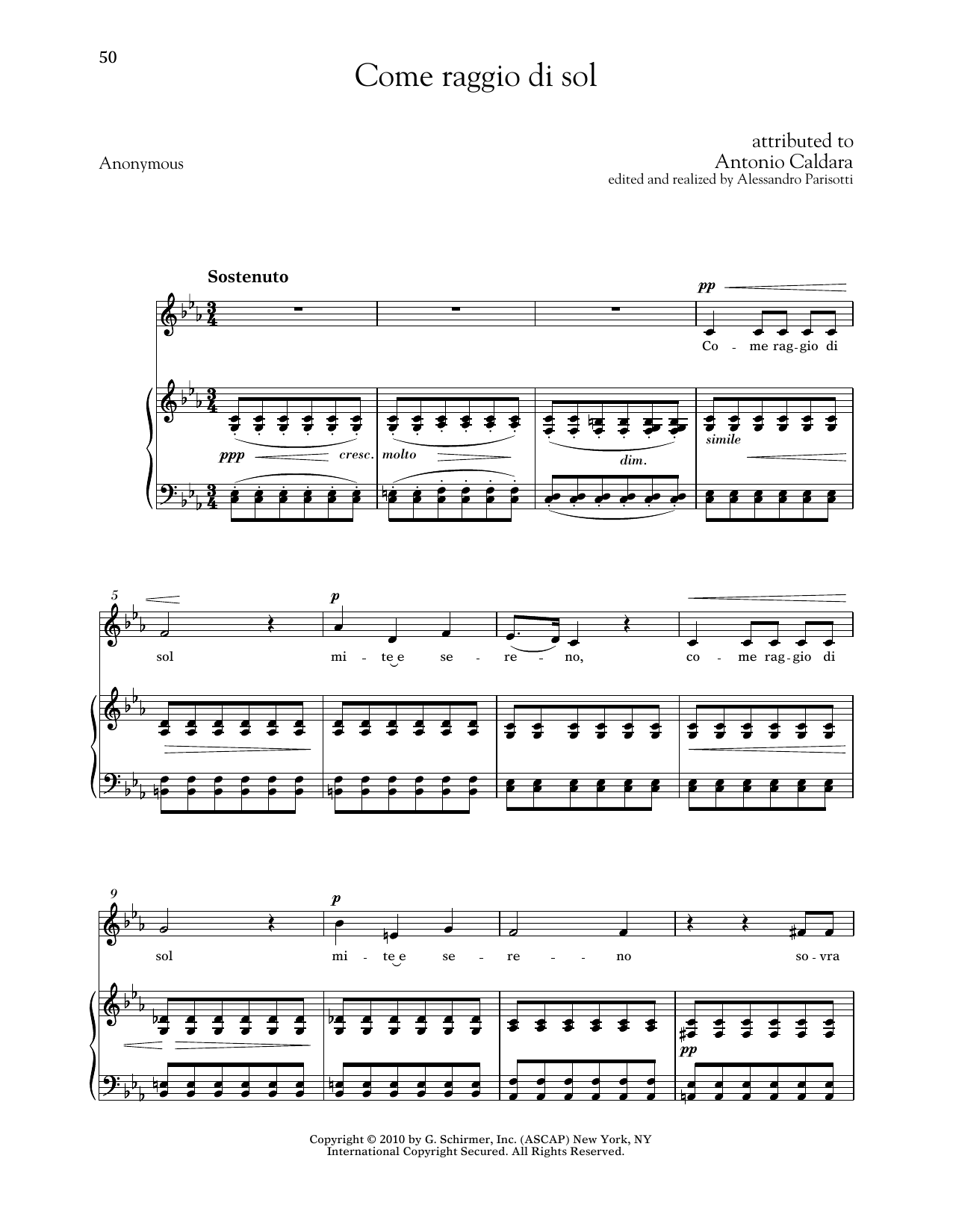 Antonio Caldara Come Raggio Di Sol (Low Voice) sheet music notes and chords arranged for Piano & Vocal