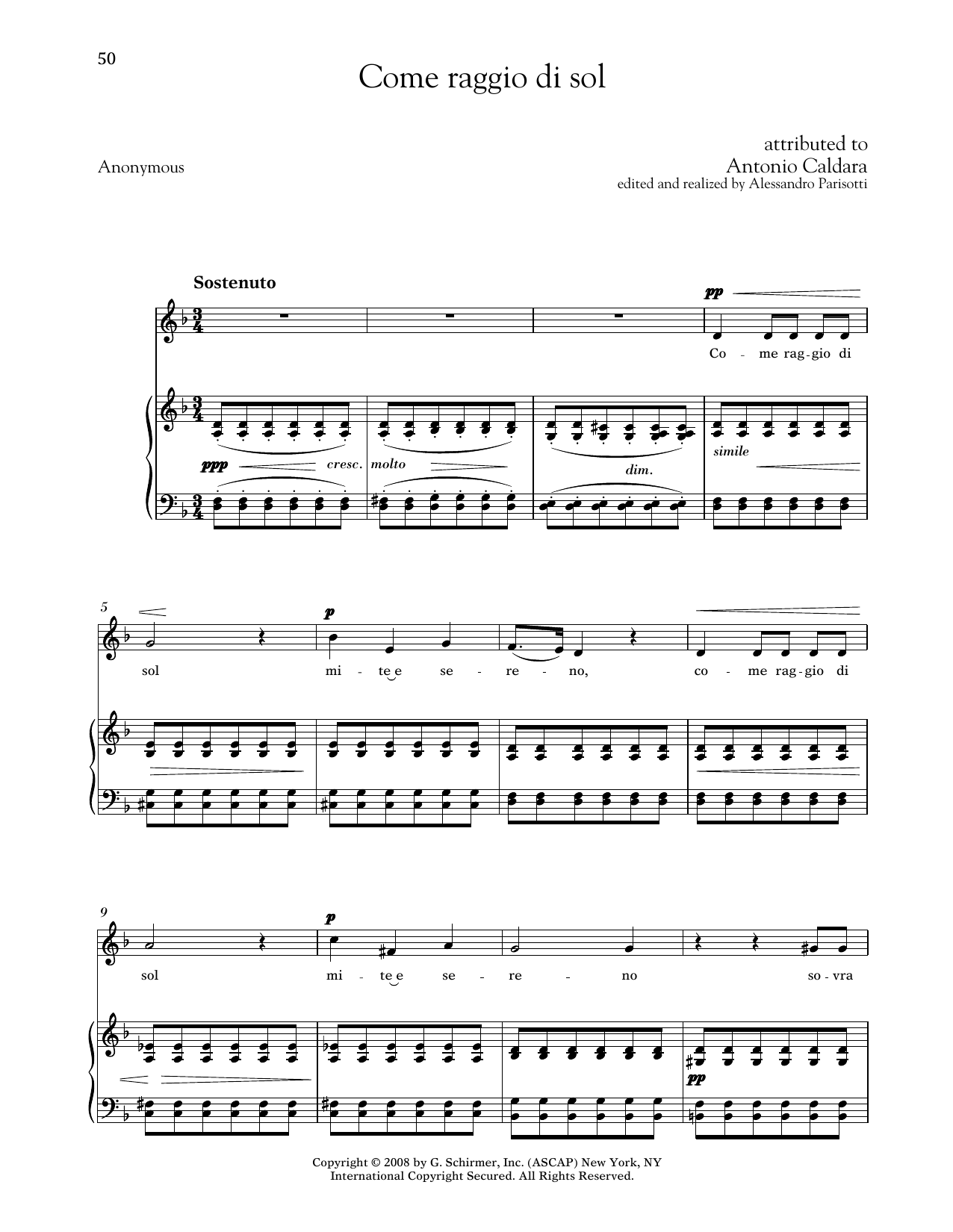 Antonio Caldara Come Raggio Di Sol (Medium Low Voice) sheet music notes and chords arranged for Piano & Vocal
