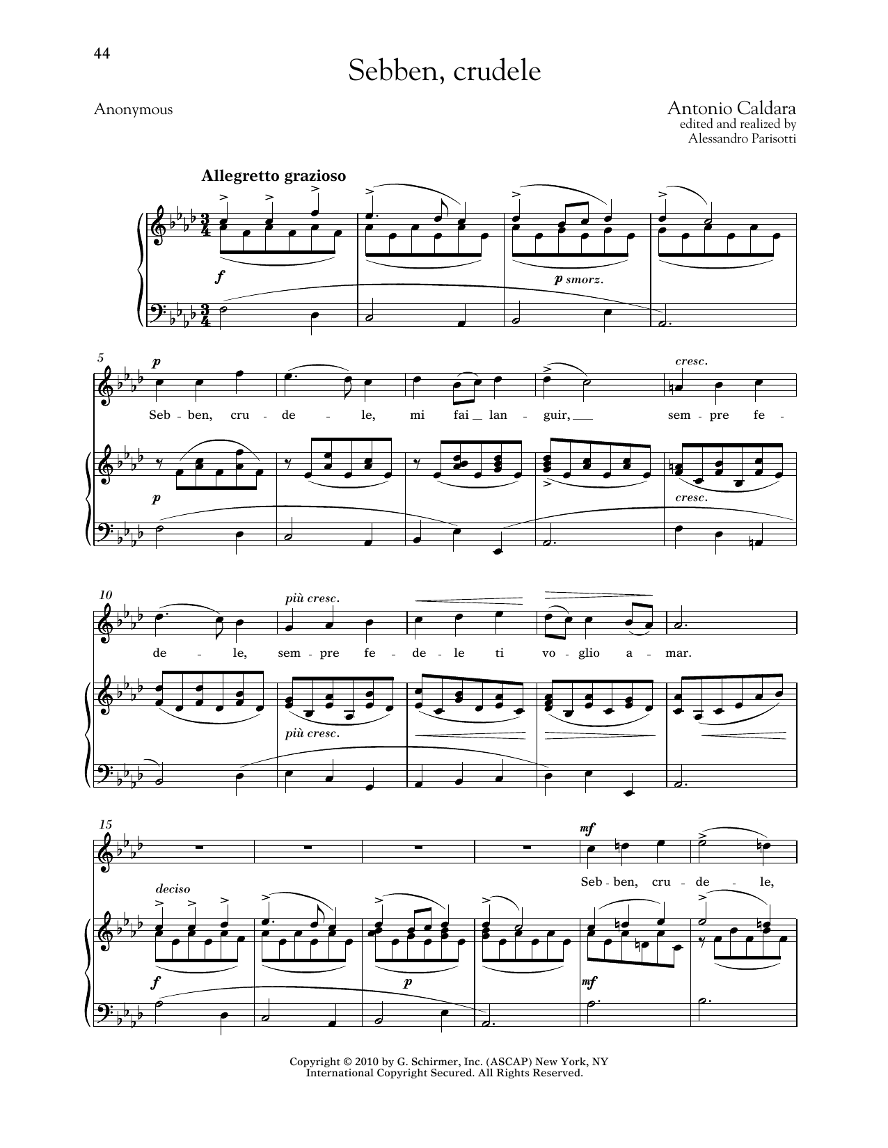 Antonio Caldara Sebben, Crudele (High Voice) sheet music notes and chords arranged for Piano & Vocal