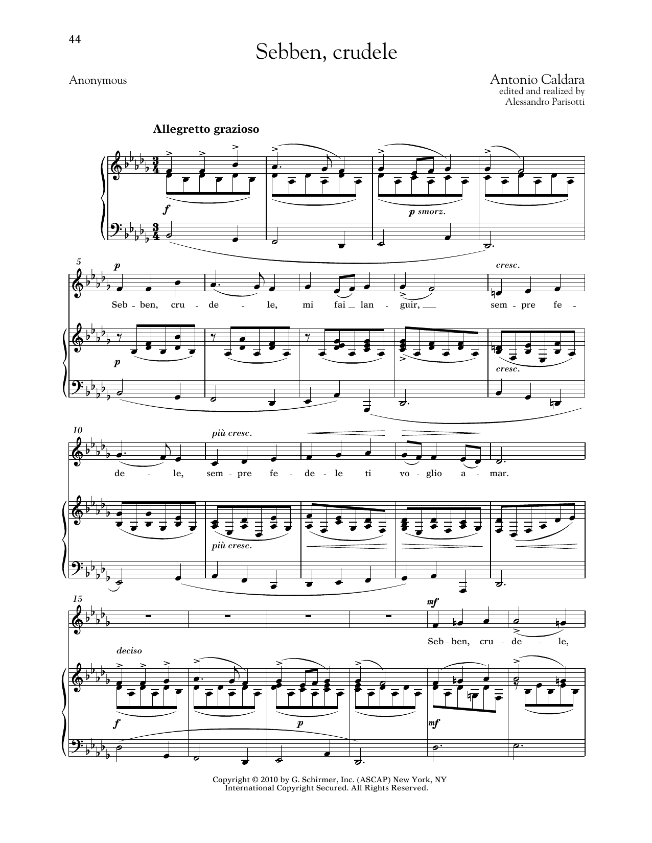 Antonio Caldara Sebben, Crudele (Low Voice) sheet music notes and chords arranged for Piano & Vocal