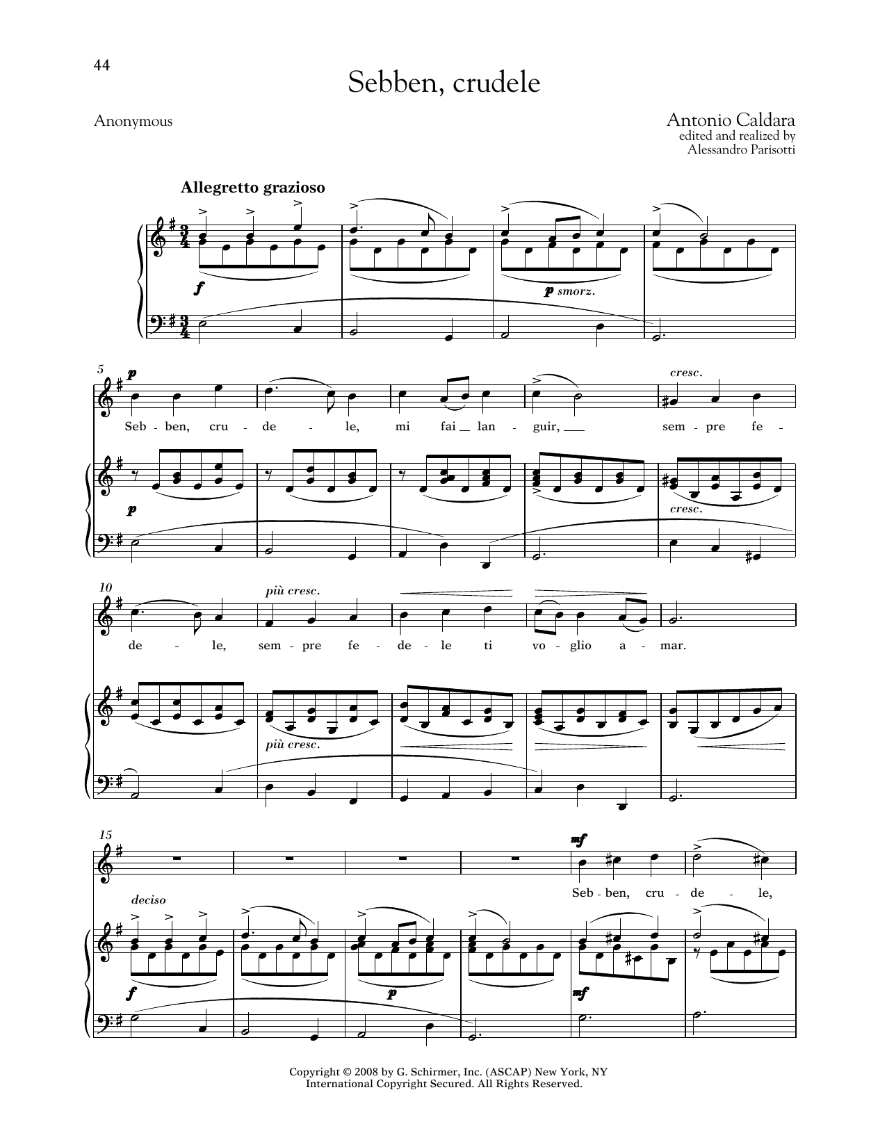 Antonio Caldara Sebben, Crudele (Medium High Voice) sheet music notes and chords arranged for Piano & Vocal