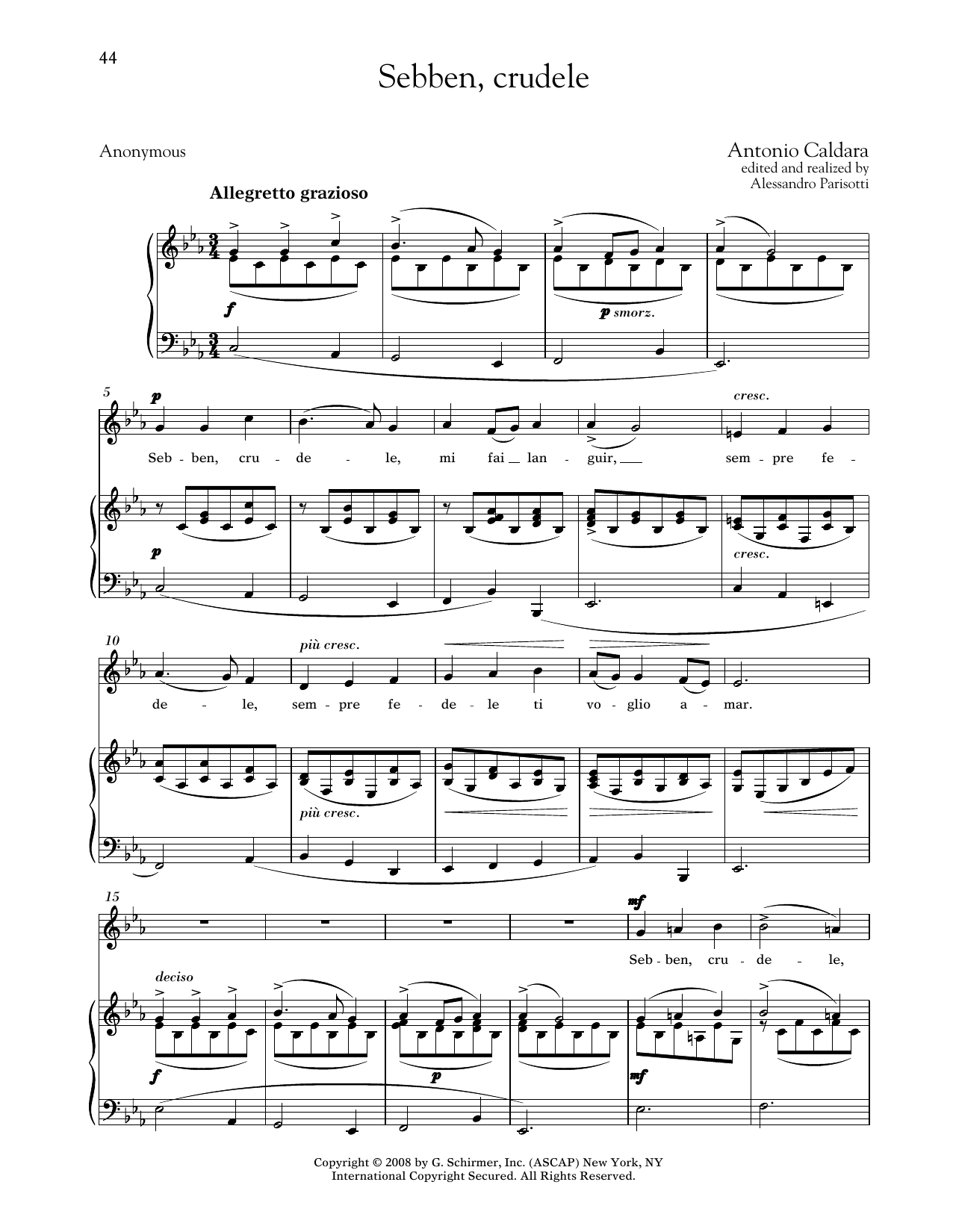 Antonio Caldara Sebben, Crudele (Medium Low Voice) sheet music notes and chords arranged for Piano & Vocal