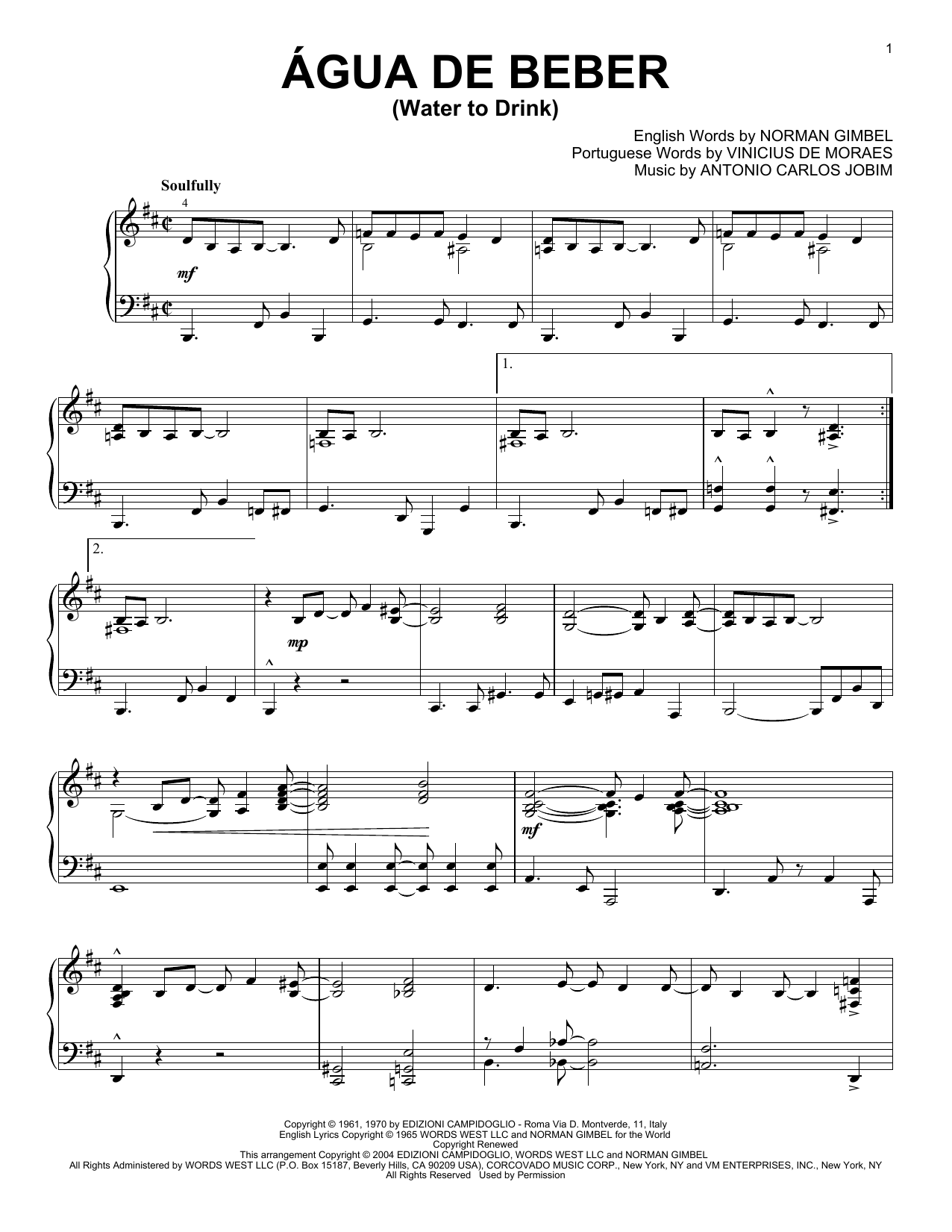 Antonio Carlos Jobim Agua De Beber (Water To Drink) sheet music notes and chords arranged for Real Book – Melody & Chords – Bass Clef Instruments