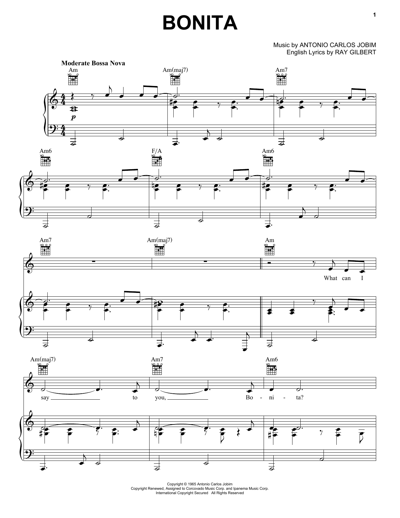 Antonio Carlos Jobim Bonita sheet music notes and chords arranged for Piano, Vocal & Guitar Chords (Right-Hand Melody)