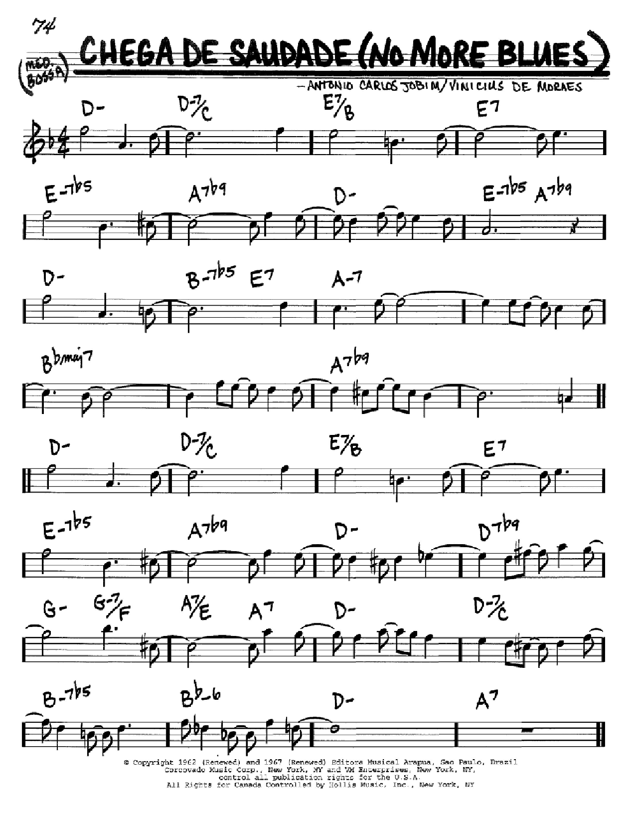 Antonio Carlos Jobim Chega De Saudade (No More Blues) sheet music notes and chords arranged for Real Book – Melody & Chords – Bb Instruments