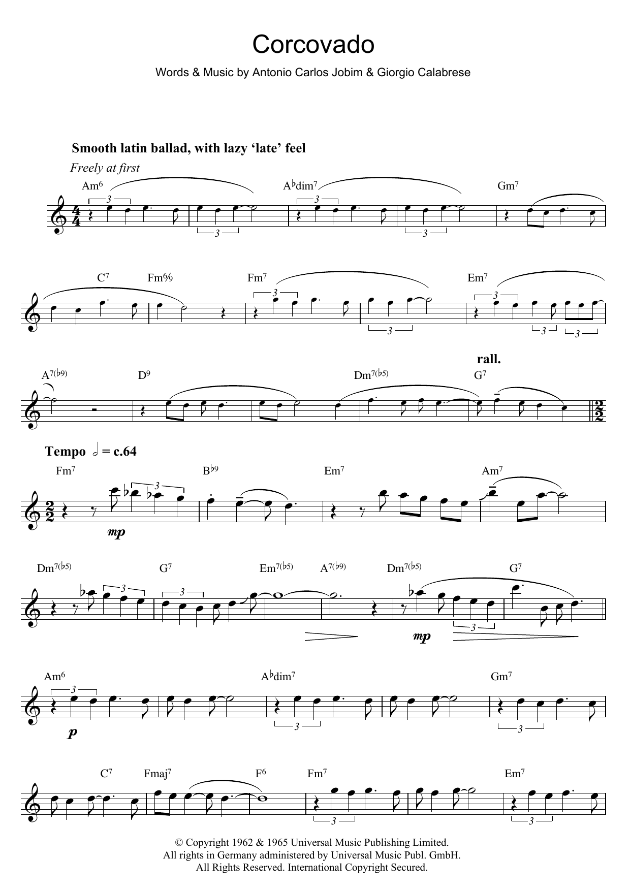 Antonio Carlos Jobim Corcovado (Quiet Nights Of Quiet Stars) sheet music notes and chords arranged for Piano Solo