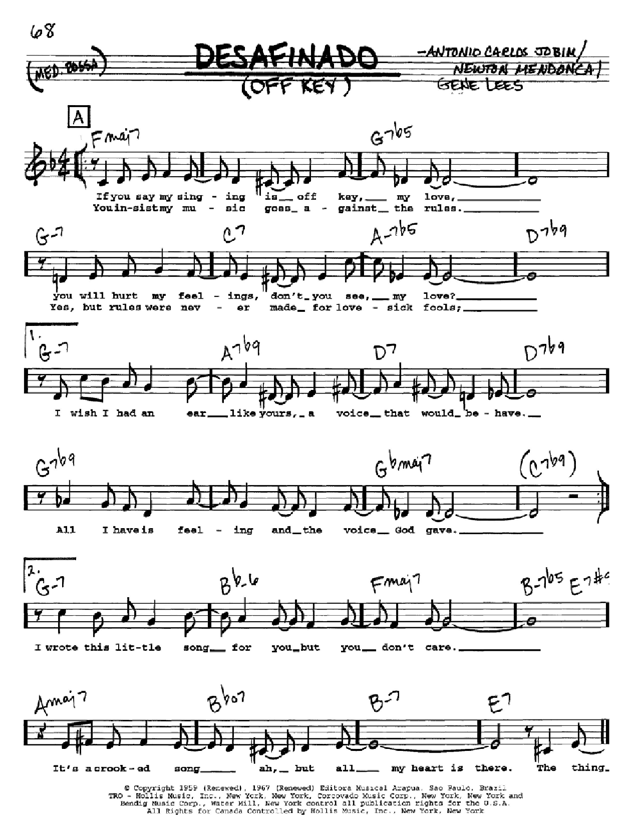 Antonio Carlos Jobim Desafinado (Off Key) sheet music notes and chords arranged for Piano, Vocal & Guitar Chords (Right-Hand Melody)