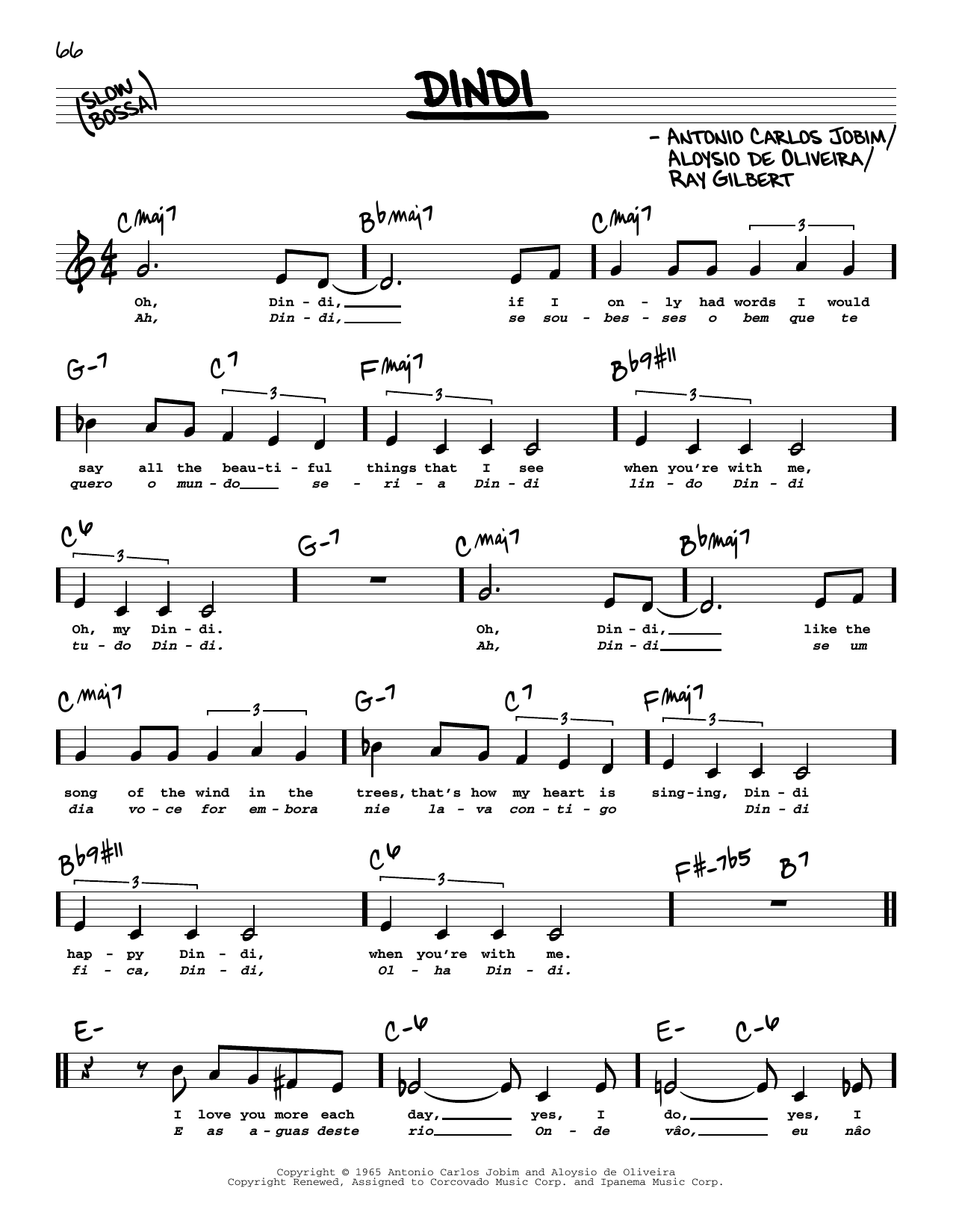 Antonio Carlos Jobim Dindi (Low Voice) sheet music notes and chords arranged for Real Book – Melody, Lyrics & Chords