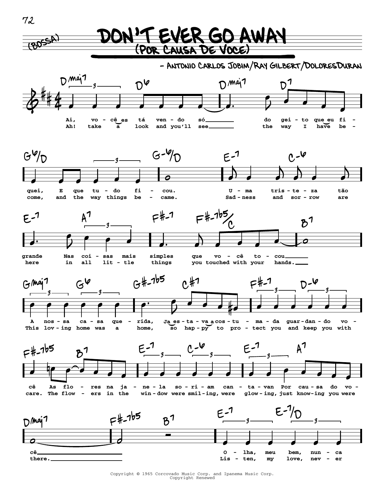Antonio Carlos Jobim Don't Ever Go Away (Por Causa De Voce) (High Voice) sheet music notes and chords arranged for Real Book – Melody, Lyrics & Chords