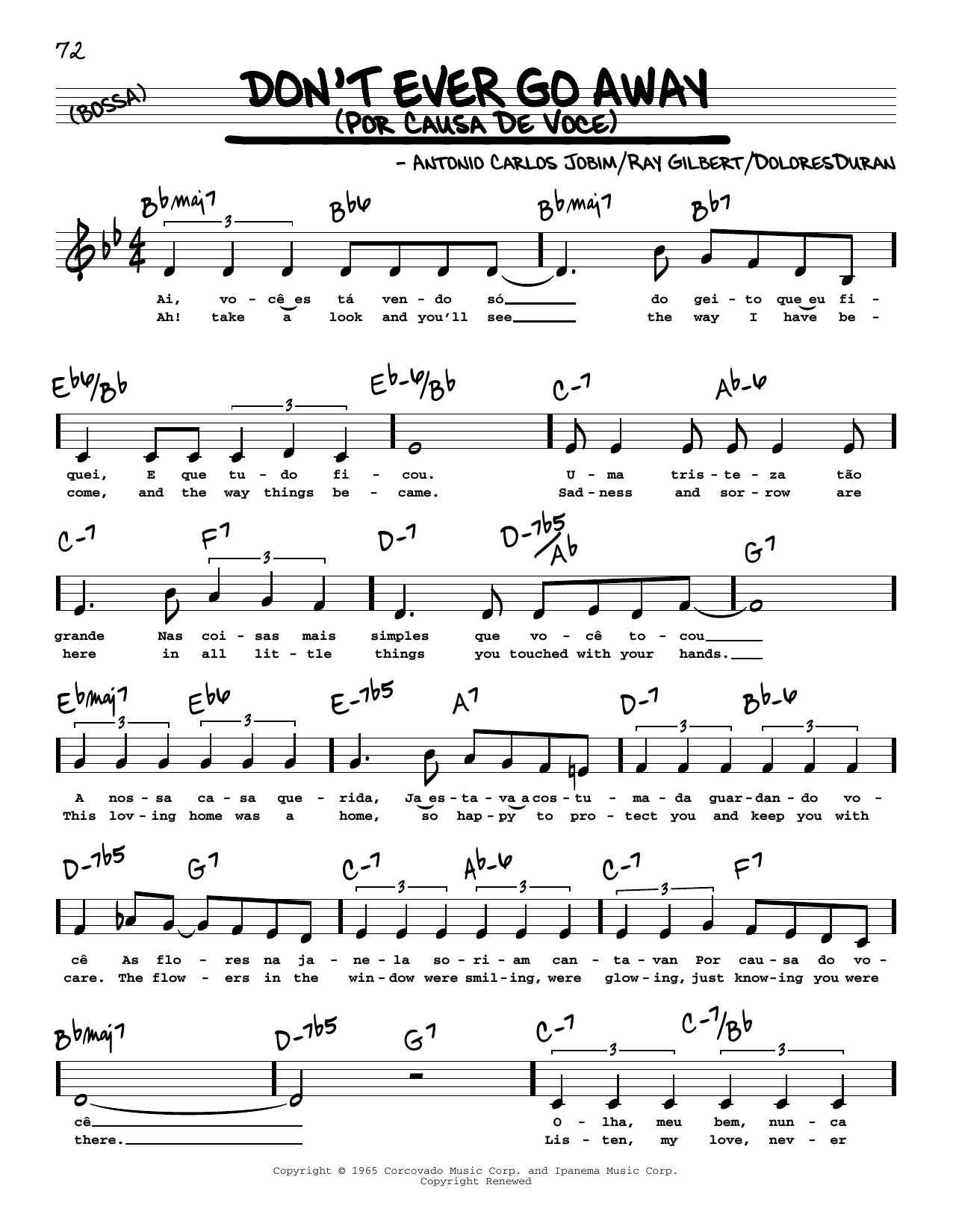 Antonio Carlos Jobim Don't Ever Go Away (Por Causa De Voce) (Low Voice) sheet music notes and chords arranged for Real Book – Melody, Lyrics & Chords