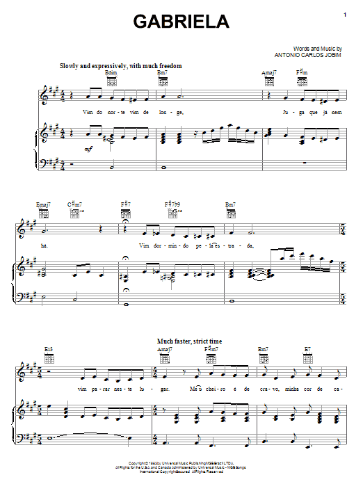 Antonio Carlos Jobim Gabriela sheet music notes and chords arranged for Piano, Vocal & Guitar Chords (Right-Hand Melody)