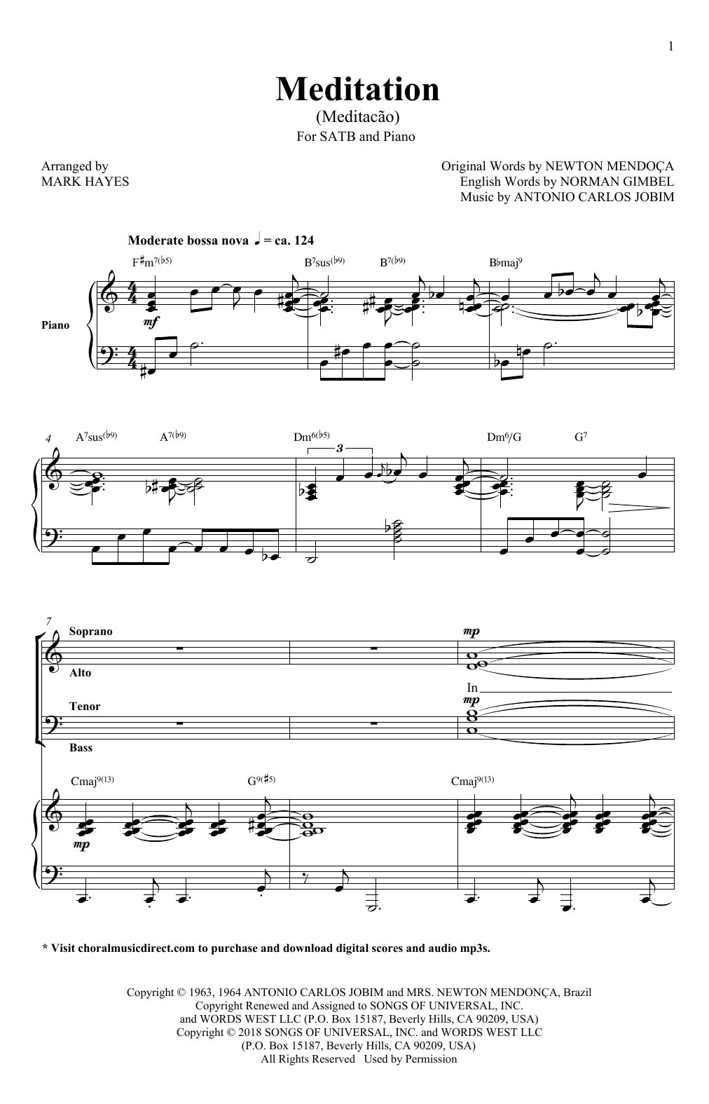 Antonio Carlos Jobim Meditation (Meditacao) (arr. Mark Hayes) sheet music notes and chords arranged for SATB Choir