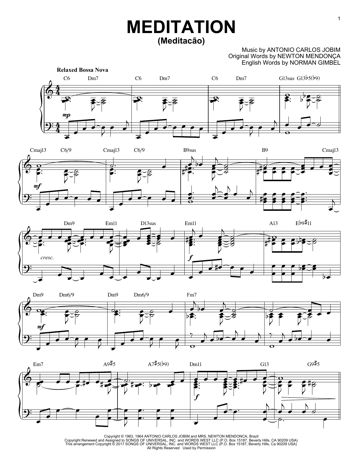 Antonio Carlos Jobim Meditation (Meditacao) [Jazz version] sheet music notes and chords arranged for Piano Solo