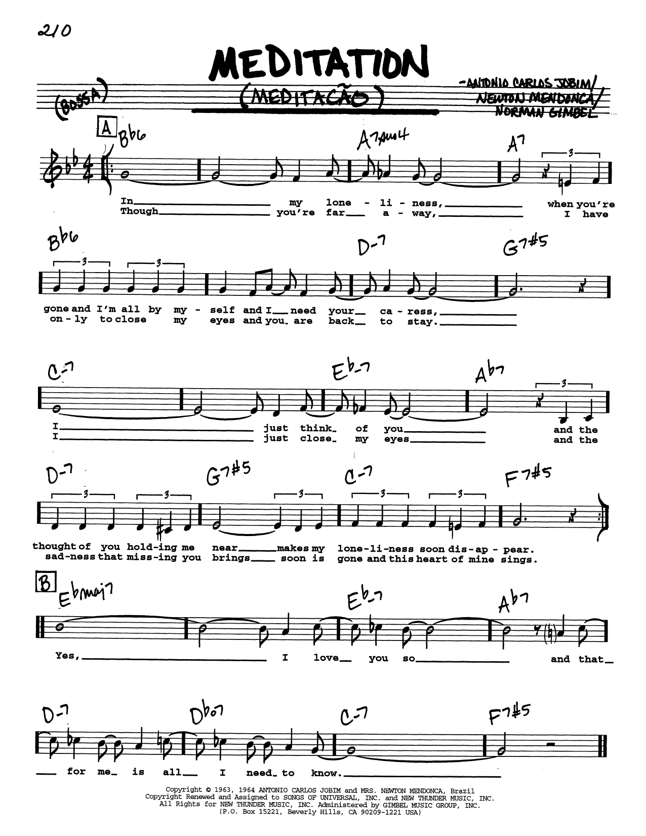 Antonio Carlos Jobim Meditation (Meditacao) (Low Voice) sheet music notes and chords arranged for Real Book – Melody, Lyrics & Chords