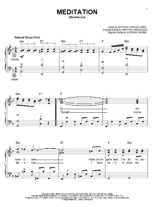 Antonio Carlos Jobim Meditation (Meditacao) sheet music notes and chords arranged for Piano, Vocal & Guitar Chords (Right-Hand Melody)