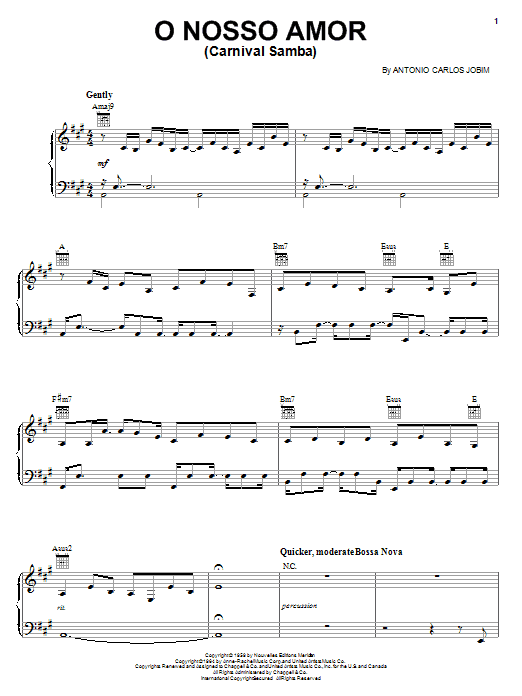 Antonio Carlos Jobim O Nosso Amor (Carnaval Samba) sheet music notes and chords arranged for Piano, Vocal & Guitar Chords (Right-Hand Melody)