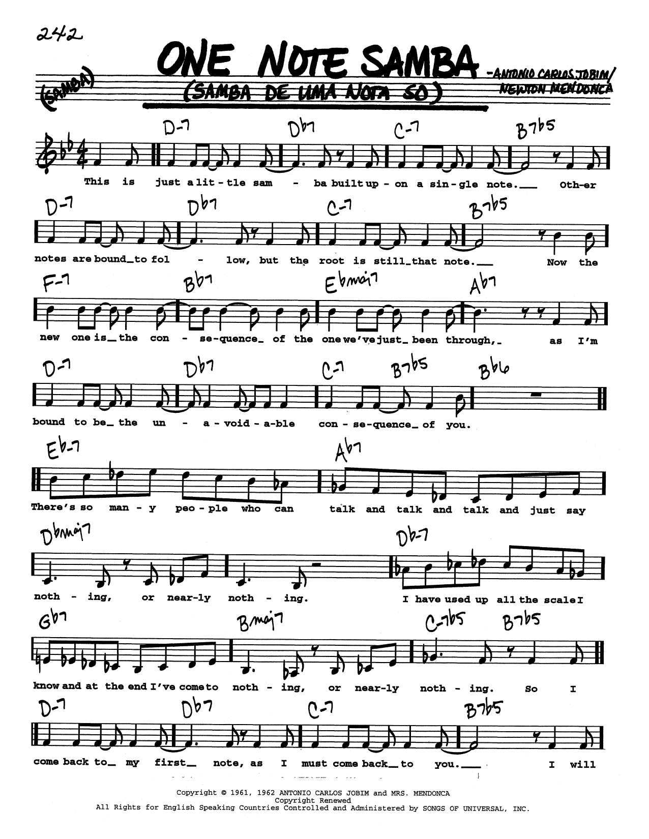 Antonio Carlos Jobim One Note Samba (Samba De Uma Nota So) (Low Voice) sheet music notes and chords arranged for Real Book – Melody, Lyrics & Chords