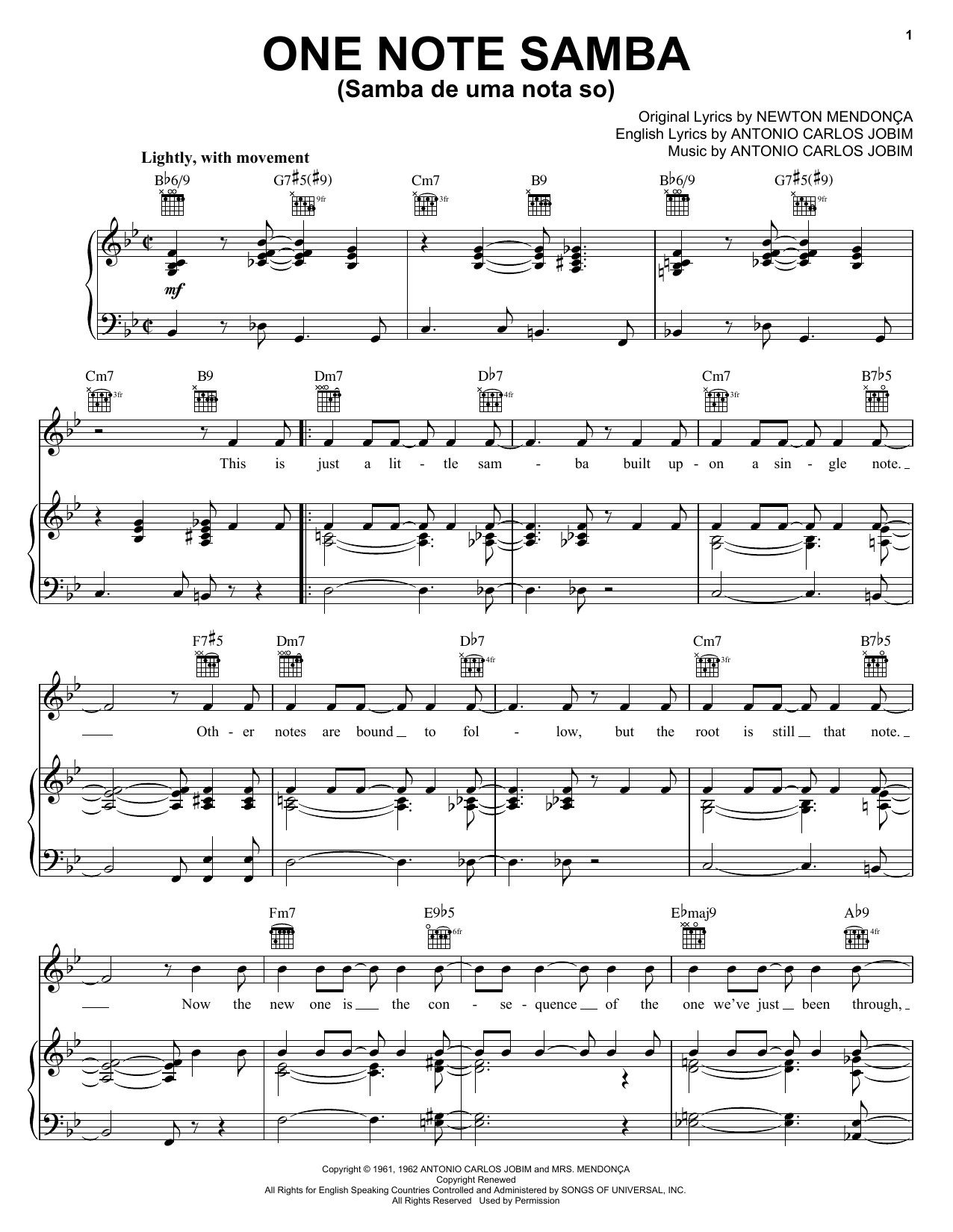 Antonio Carlos Jobim One Note Samba (Samba De Uma Nota So) sheet music notes and chords arranged for Very Easy Piano