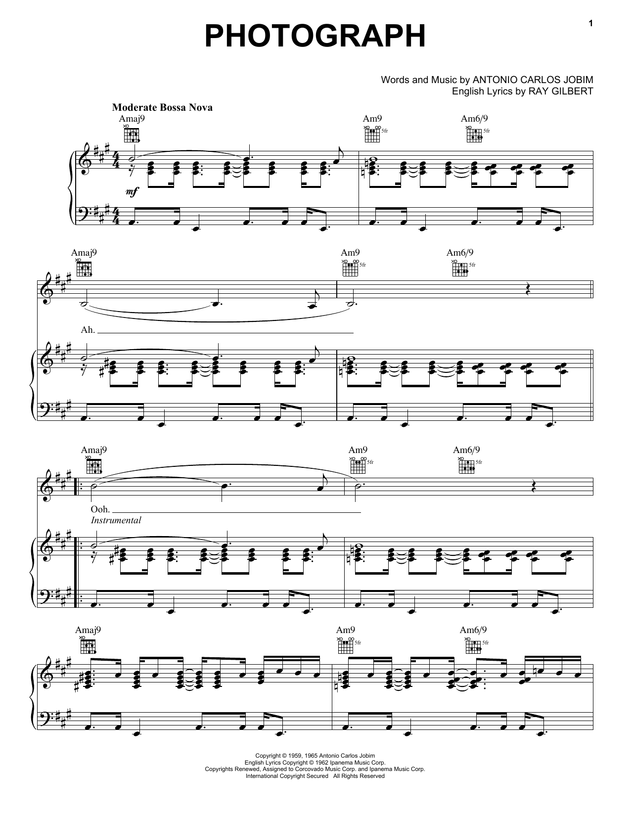 Antonio Carlos Jobim Photograph sheet music notes and chords arranged for Piano, Vocal & Guitar Chords (Right-Hand Melody)