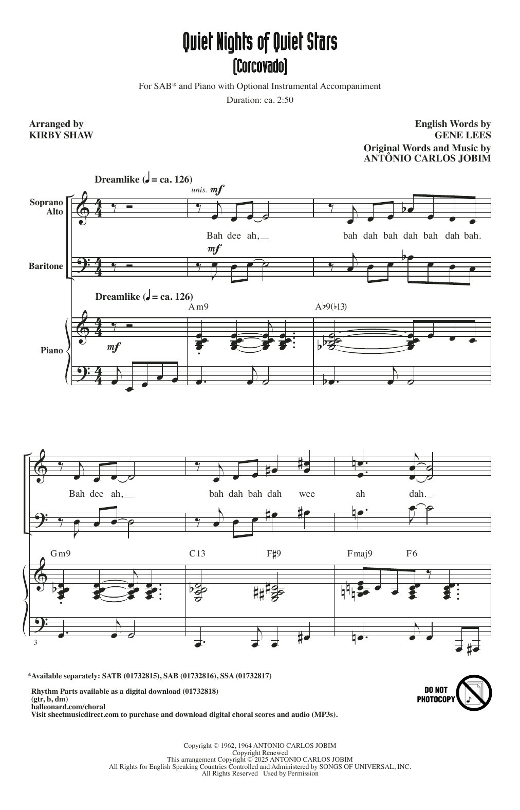 Antonio Carlos Jobim Quiet Nights Of Quiet Stars (Corcovado) (arr. Kirby Shaw) sheet music notes and chords arranged for SAB Choir