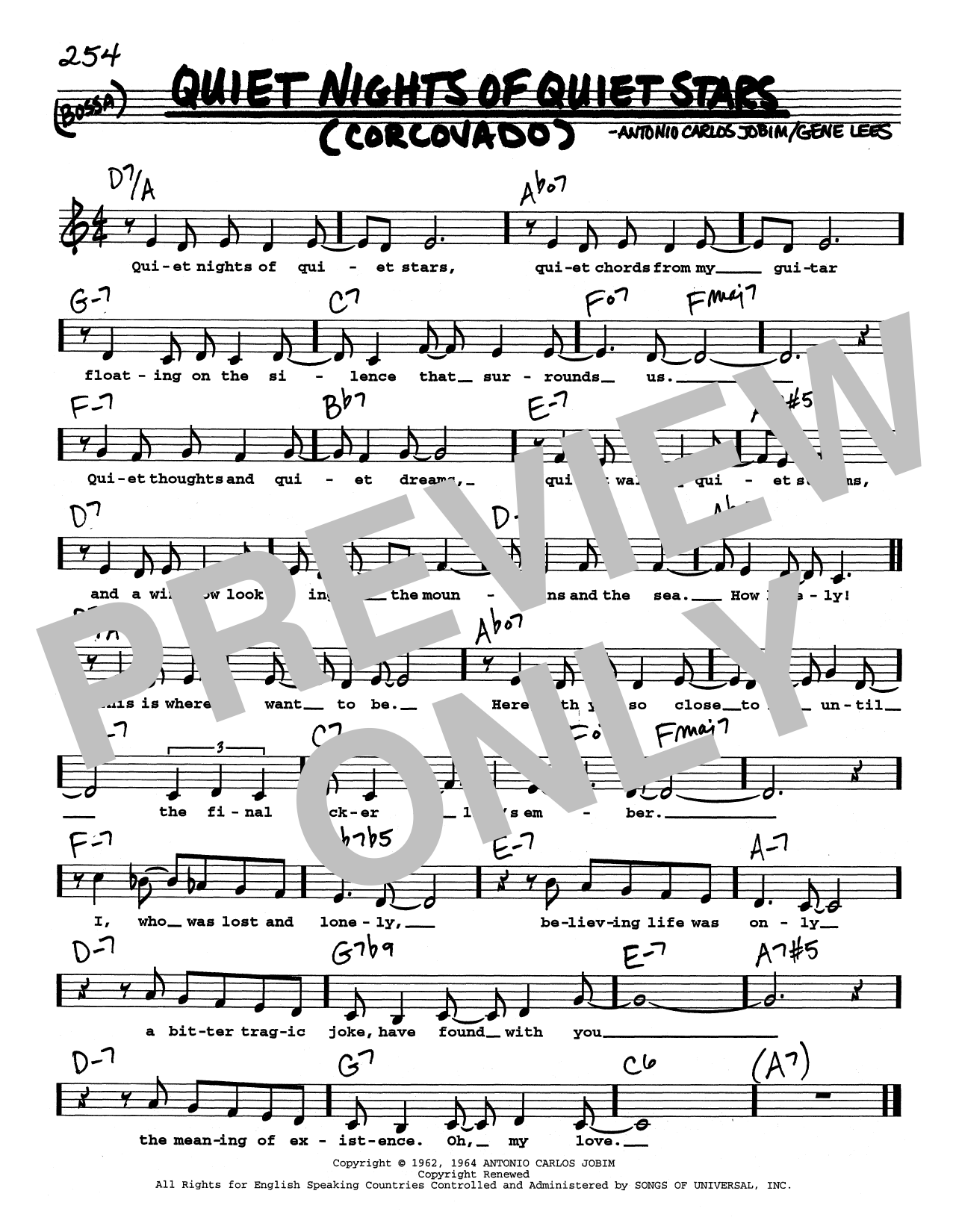 Antonio Carlos Jobim Quiet Nights Of Quiet Stars (Corcovado) (Low Voice) sheet music notes and chords arranged for Real Book – Melody, Lyrics & Chords