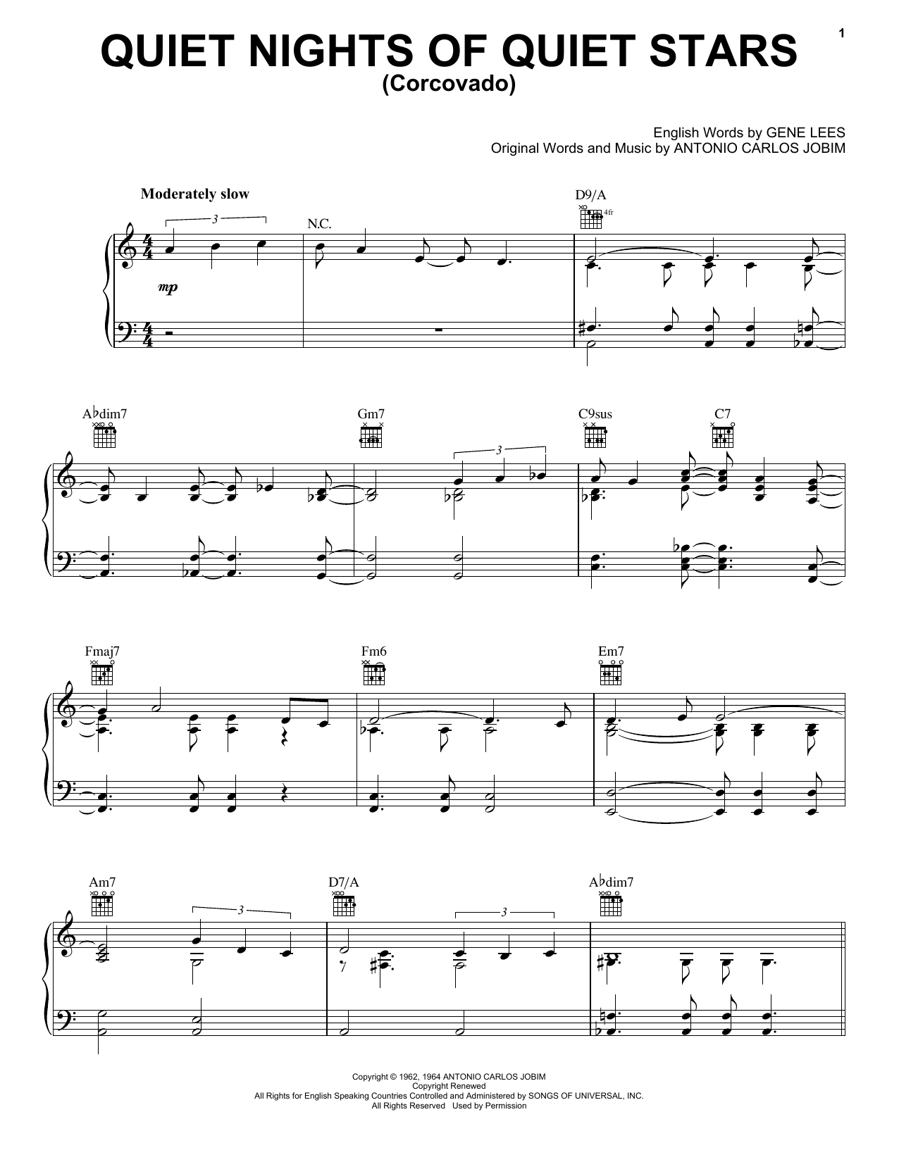 Antonio Carlos Jobim Quiet Nights Of Quiet Stars (Corcovado) sheet music notes and chords arranged for Piano, Vocal & Guitar Chords (Right-Hand Melody)