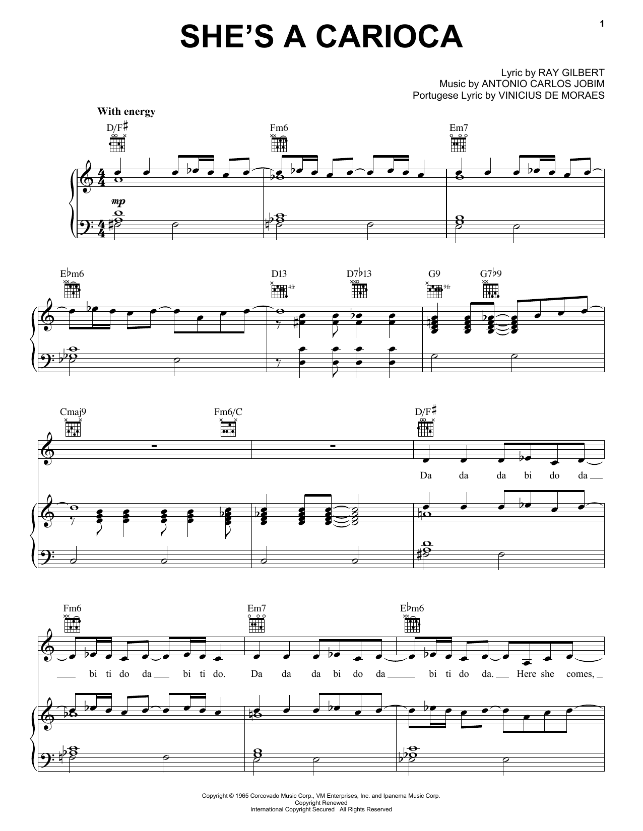 Antonio Carlos Jobim She's A Carioca sheet music notes and chords arranged for Piano, Vocal & Guitar Chords (Right-Hand Melody)