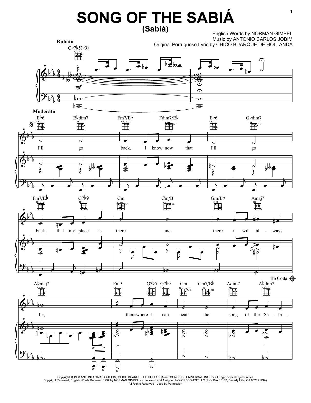 Antonio Carlos Jobim Song Of The Sabia (Sabia) sheet music notes and chords arranged for Piano, Vocal & Guitar Chords (Right-Hand Melody)