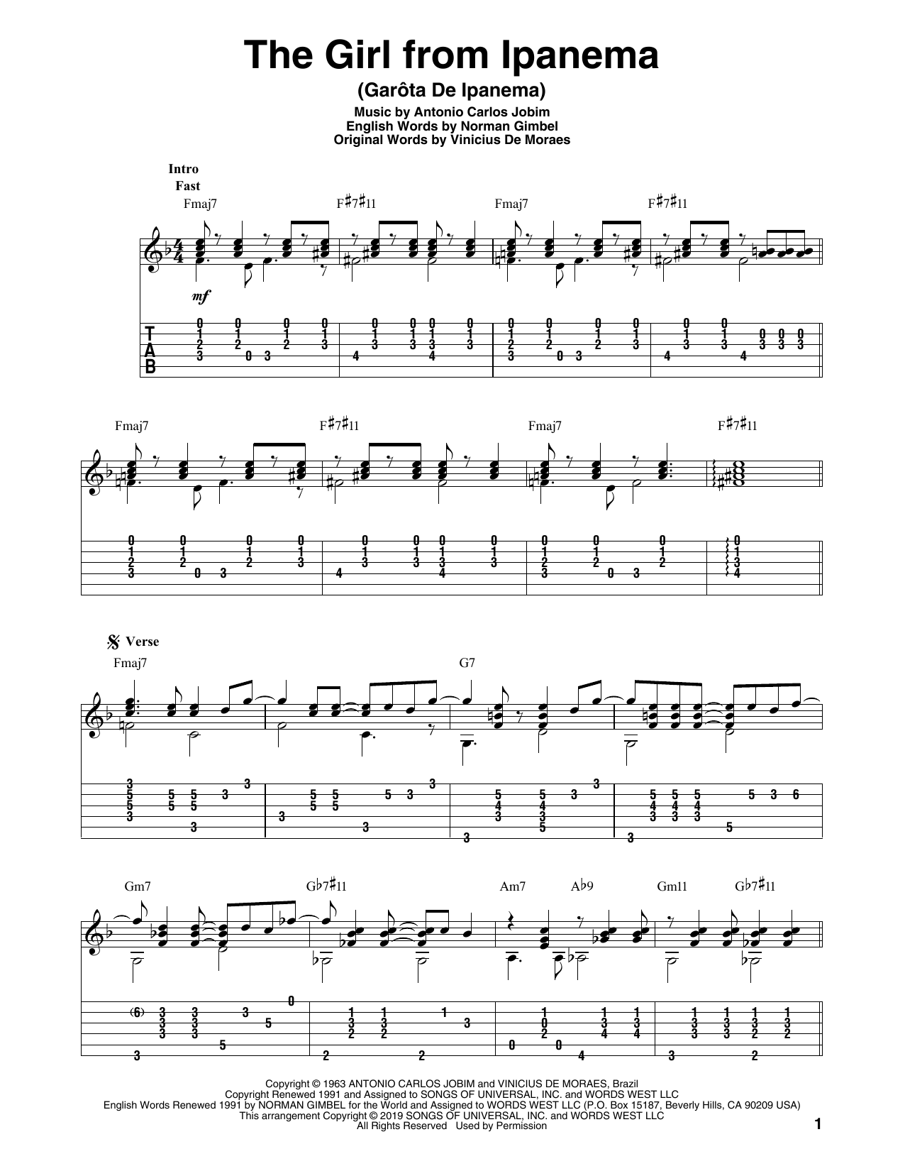 Antonio Carlos Jobim The Girl From Ipanema (Garota De Ipanema) (arr. Bill LaFleur) sheet music notes and chords arranged for Solo Guitar