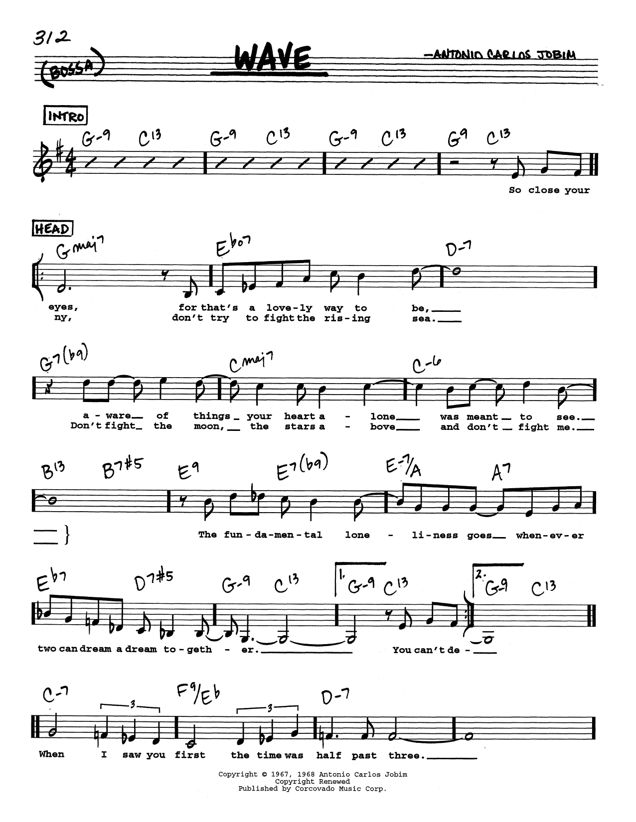 Antonio Carlos Jobim Wave (Low Voice) sheet music notes and chords arranged for Real Book – Melody, Lyrics & Chords