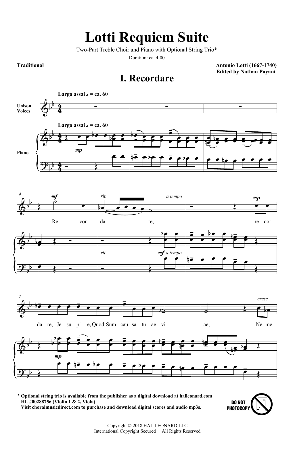 Antonio Lotti Lotti Requiem Suite (arr. Natahn Payant) sheet music notes and chords arranged for 2-Part Choir