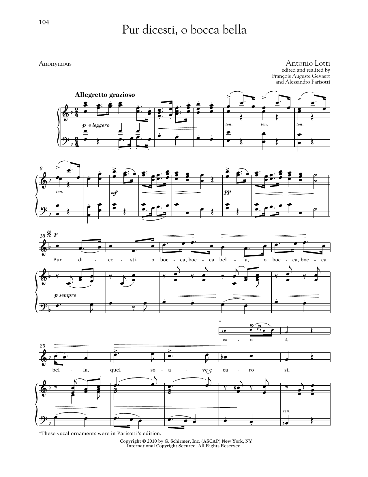 Antonio Lotti Pur Dicesti, O Bocca Bella (High Voice) sheet music notes and chords arranged for Piano & Vocal