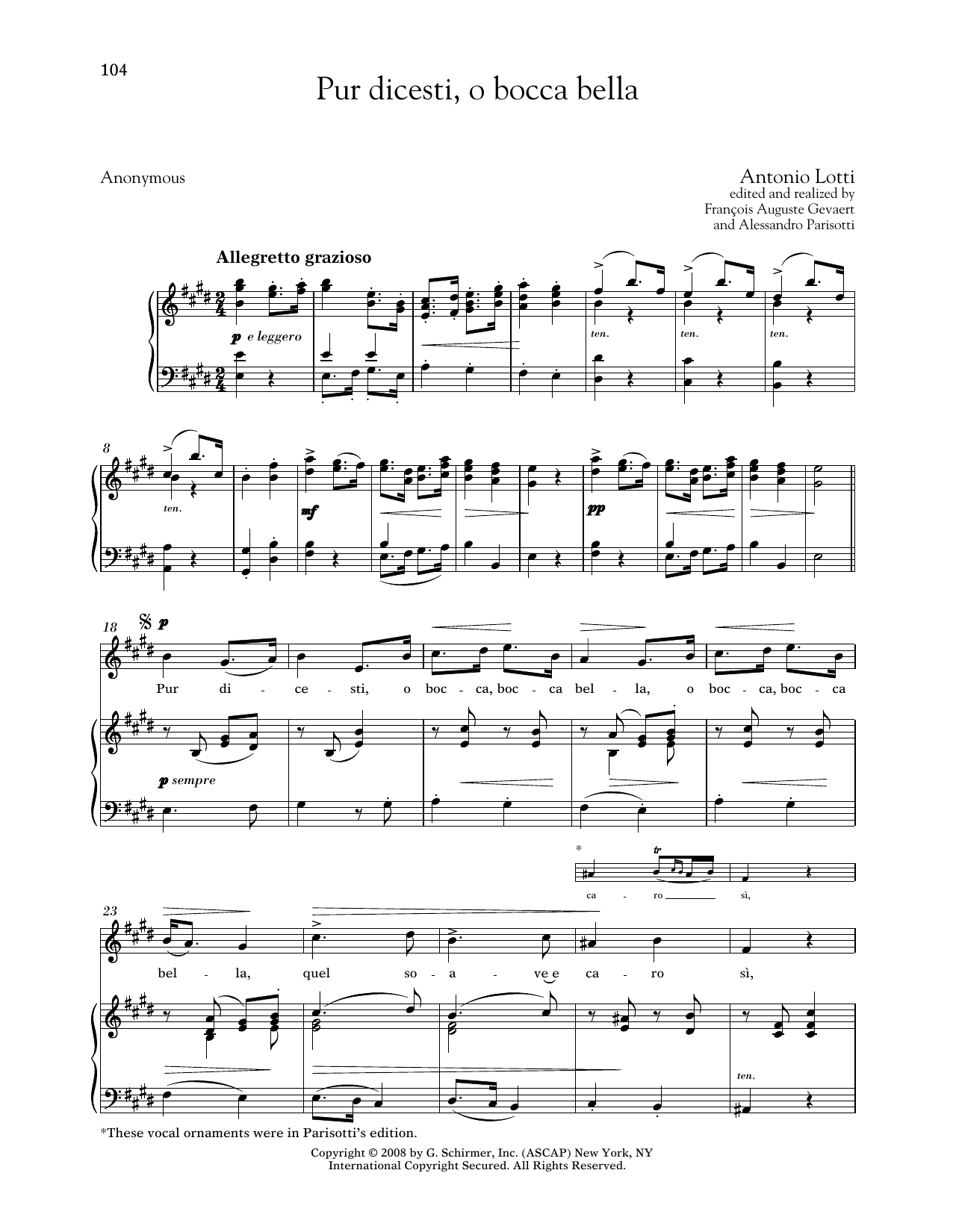Antonio Lotti Pur Dicesti, O Bocca Bella (Medium High Voice) sheet music notes and chords arranged for Piano & Vocal