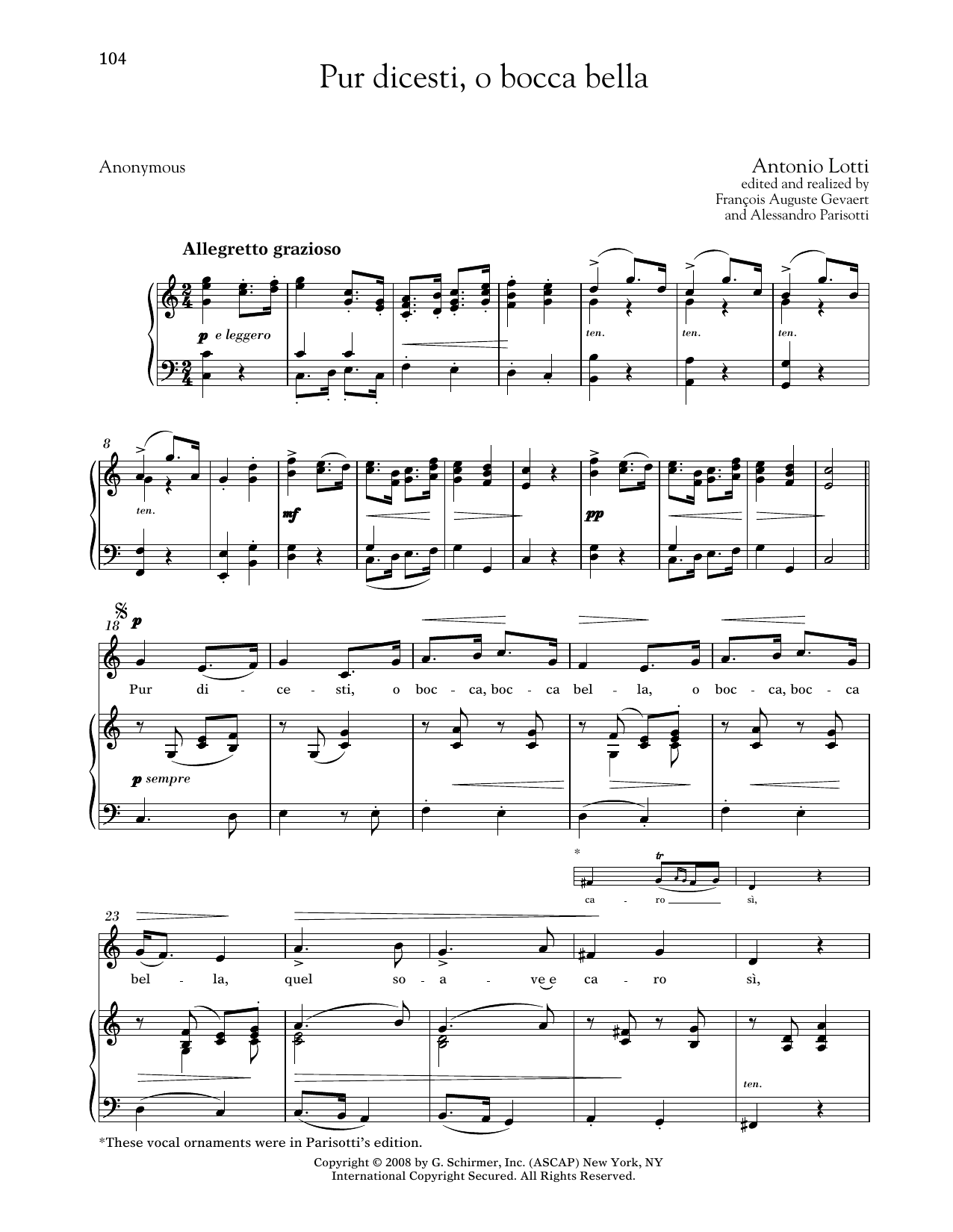 Antonio Lotti Pur Dicesti, O Bocca Bella (Medium Low Voice) sheet music notes and chords arranged for Piano & Vocal