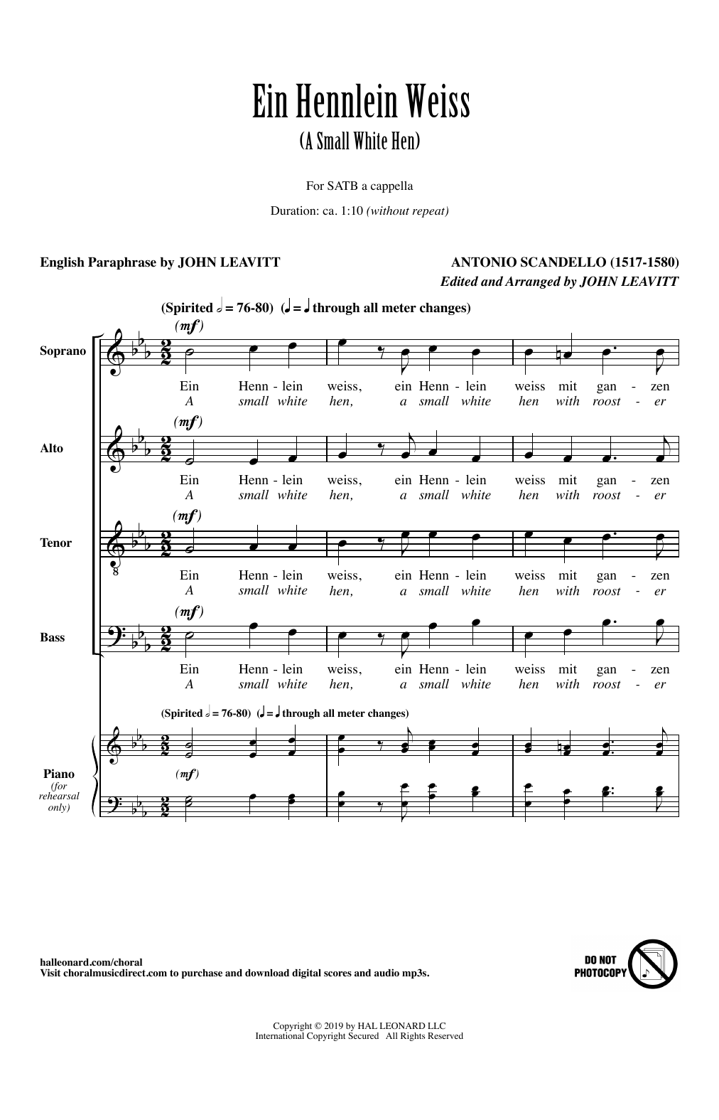 Antonio Scandello Ein Hennlein Weiss (arr. John Leavitt) sheet music notes and chords arranged for SATB Choir