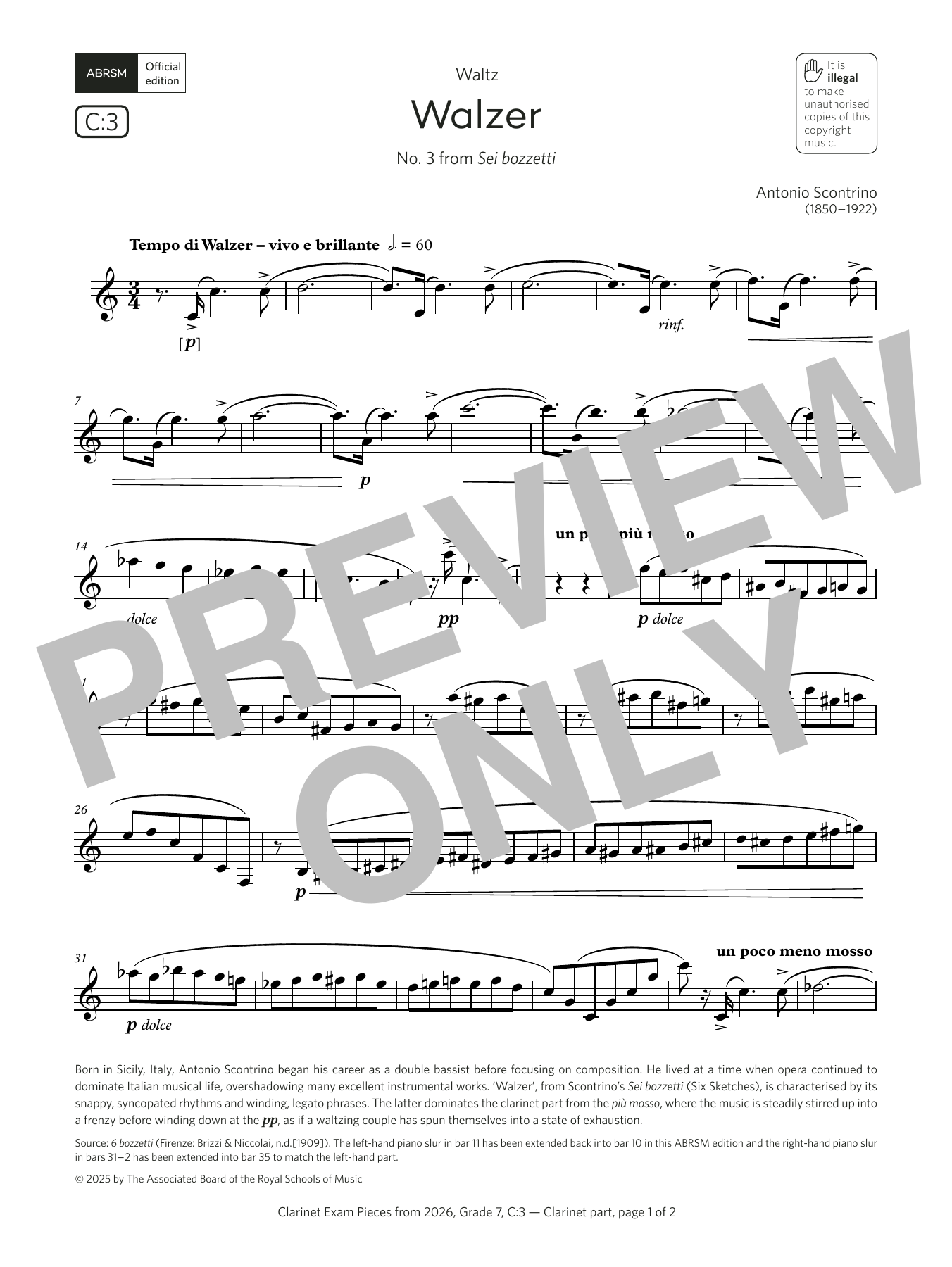 Antonio Scontrino Walzer (Grade 7, list C3, from the ABRSM Clarinet Syllabus from 2026) sheet music notes and chords arranged for Clarinet Solo