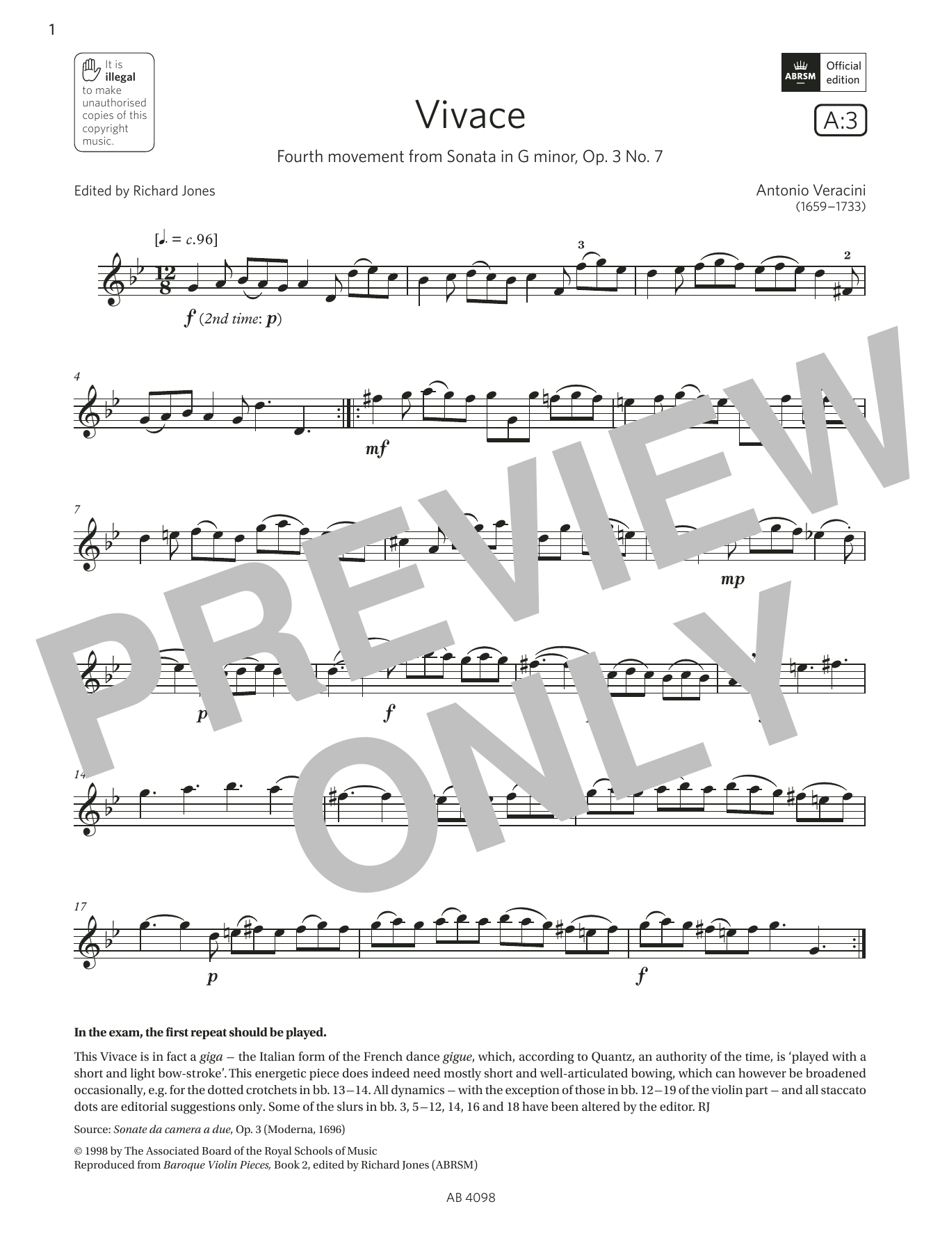 Antonio Veracini Vivace (Grade 4, A3, from the ABRSM Violin Syllabus from 2024) sheet music notes and chords arranged for Violin Solo