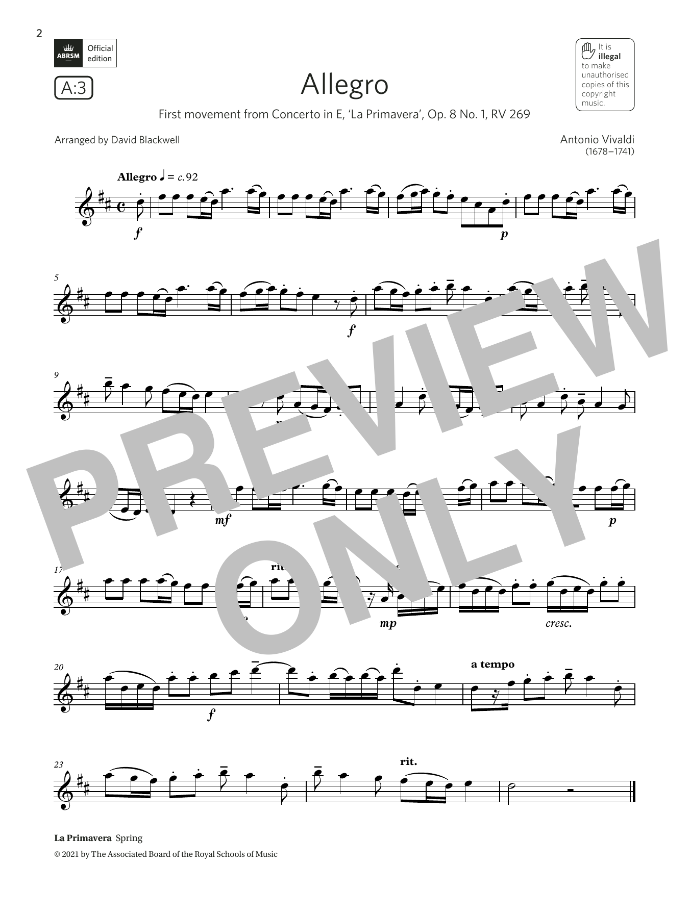 Antonio Vivaldi Allegro (from Concerto in E, Op.8 No.1)  (Grade 3 A3 from the ABRSM Saxophone syllabus from 2022) sheet music notes and chords arranged for Alto Sax Solo