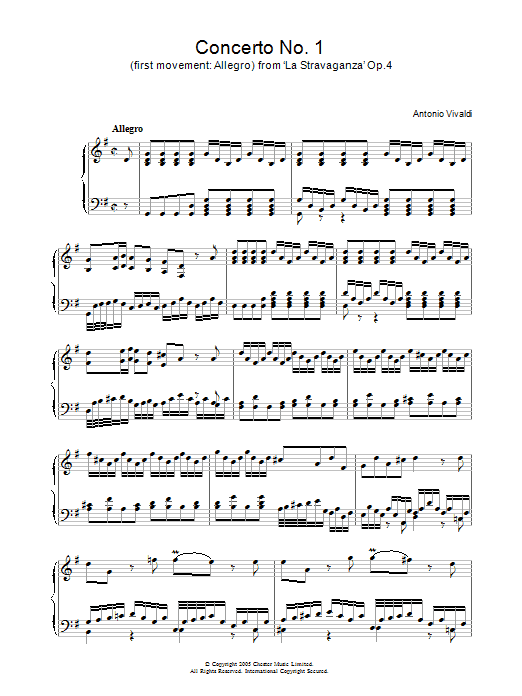 Antonio Vivaldi Allegro) from 'La Stravaganza' Op.4 sheet music notes and chords arranged for Piano Solo