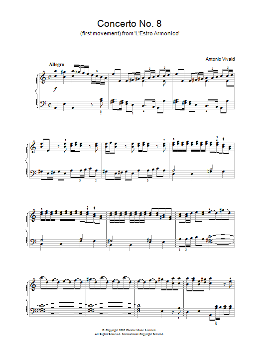 Antonio Vivaldi Allegro) from 'L'Estro Armonico' Op.3 sheet music notes and chords arranged for Piano Solo