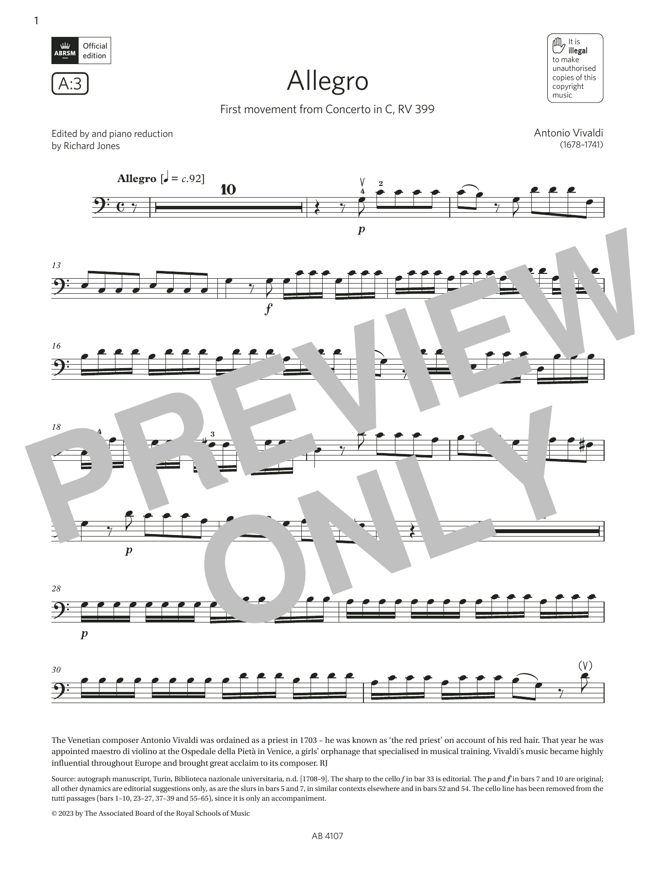 Antonio Vivaldi Allegro (Grade 4, A3, from the ABRSM Cello Syllabus from 2024) sheet music notes and chords arranged for Cello Solo