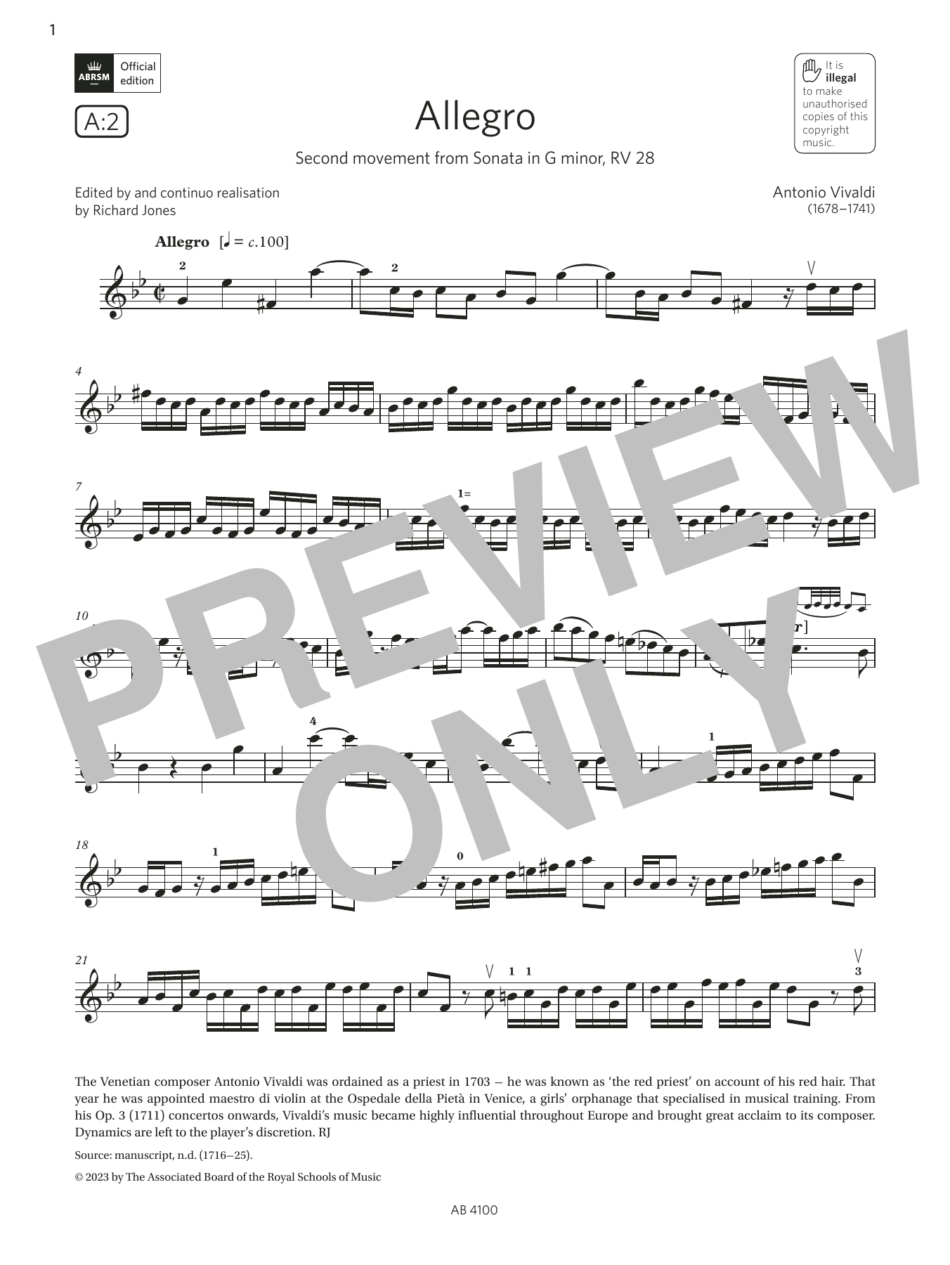 Antonio Vivaldi Allegro (Grade 6, A2, from the ABRSM Violin Syllabus from 2024) sheet music notes and chords arranged for Violin Solo