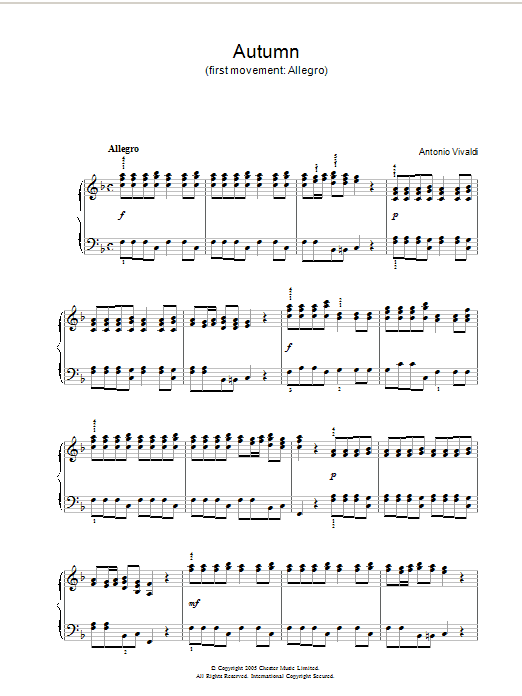 Antonio Vivaldi Autumn (first movement: Allegro) sheet music notes and chords arranged for Piano Solo