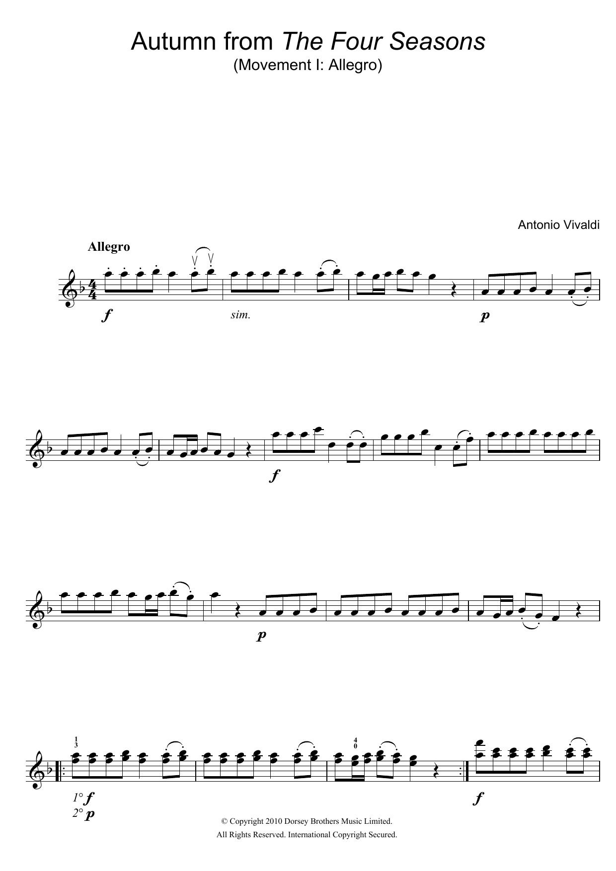 Antonio Vivaldi Autumn (from The Four Seasons), 1st Movement sheet music notes and chords arranged for Violin Solo